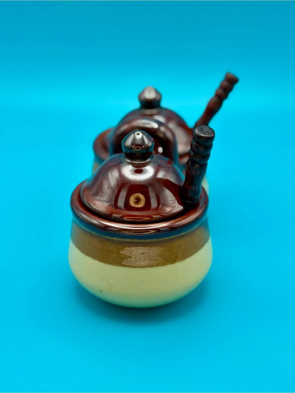 Vintage Double Condiment Pot with Spoons - Brown and Cream